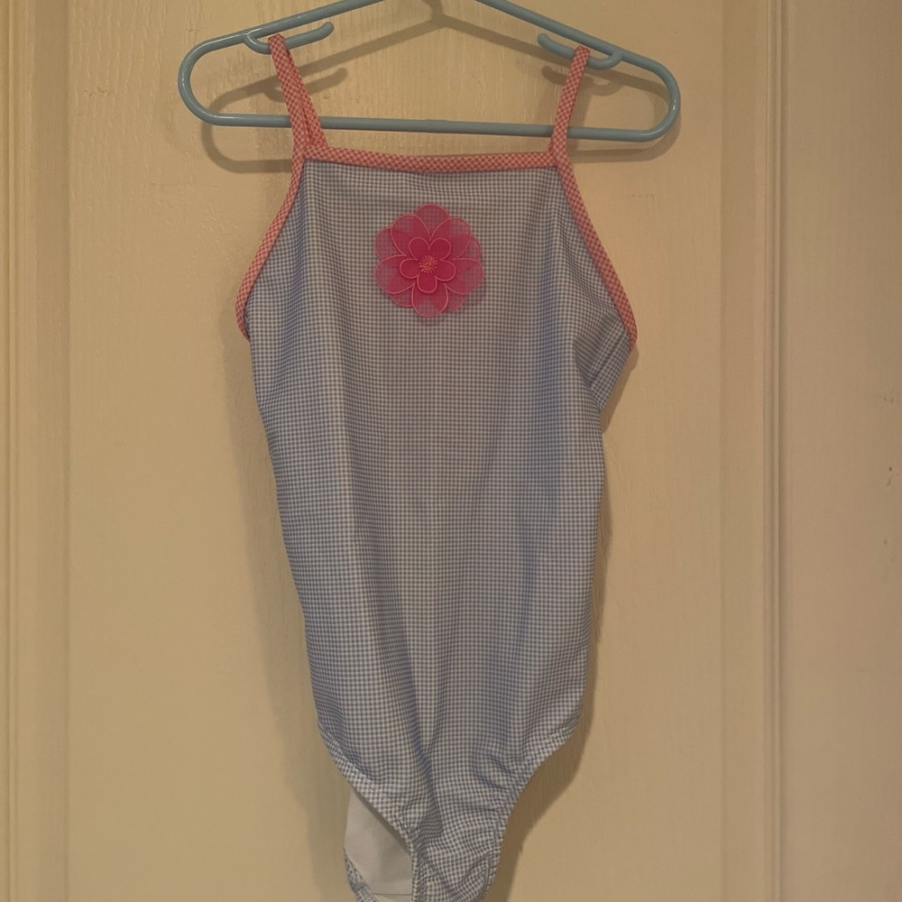 Blue and Pink Swimsuit with Floral Accent